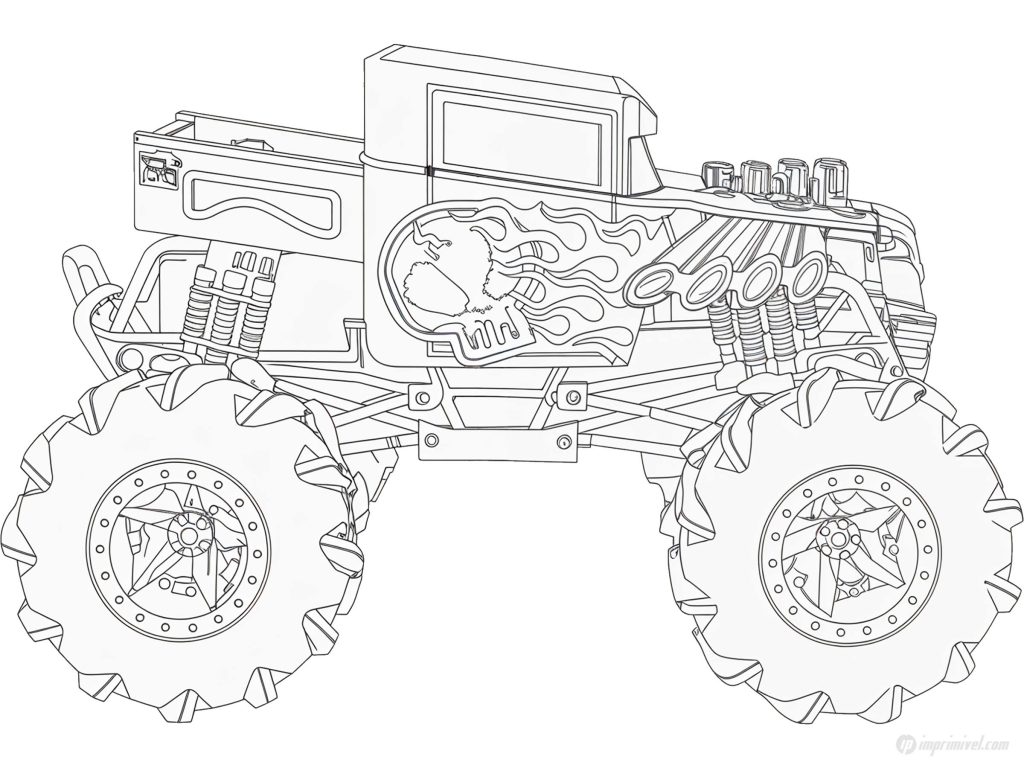Bone Shaker Monster Truck à colorier avec design de crâne pour enfants