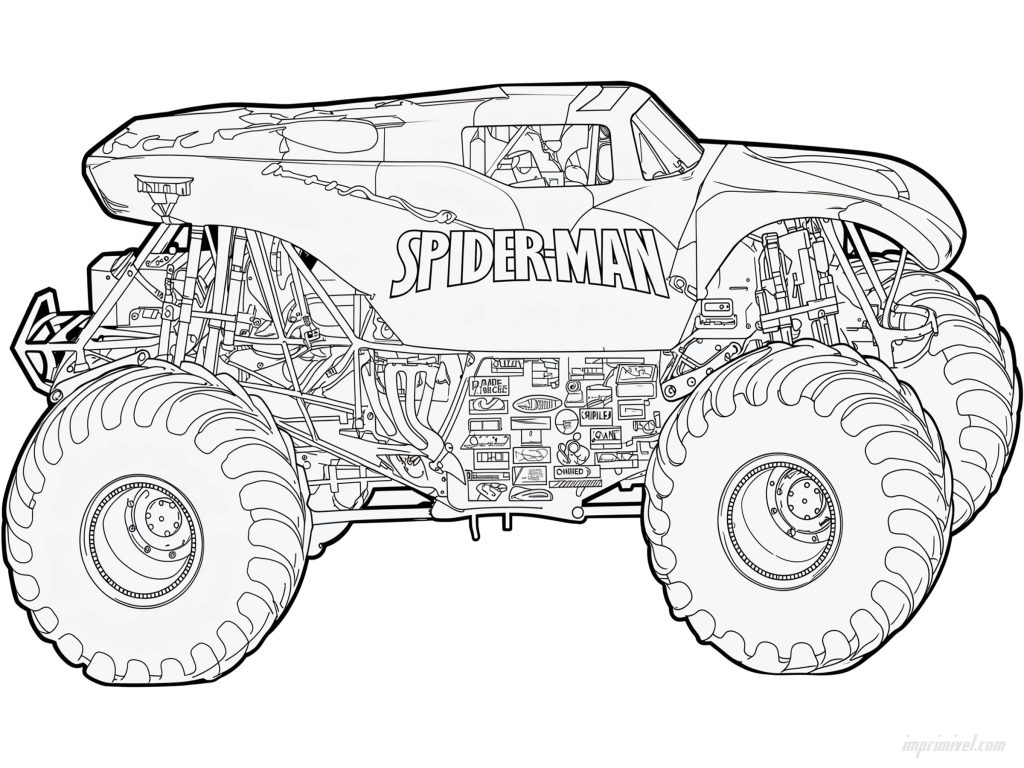 Spider Man Monster Jam Monster Truck Ausmalbild zum Ausdrucken für Kinder
