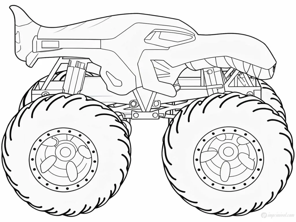 Mega Wrex Monster Truck para colorear con diseño de dinosaurio y ruedas gigantes