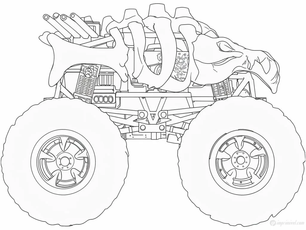 Skelesaurus monster truck para colorear con diseño de dinosaurio fosilizado