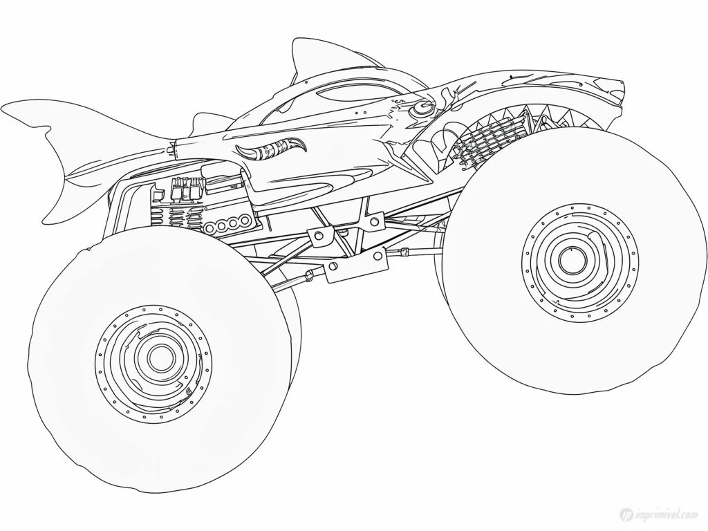 Tiger Shark Monster Truck para colorear con diseño de tiburón y ruedas gigantes