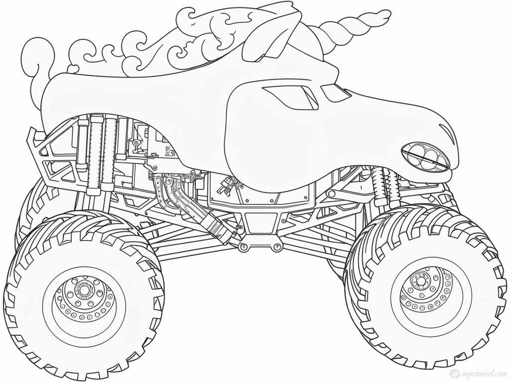 Unicorn monster truck coloring page to print and color for kids