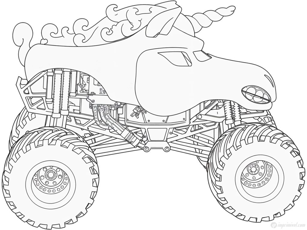 Unicorn Monster Truck para colorir e imprimir com estilo divertido para crianças