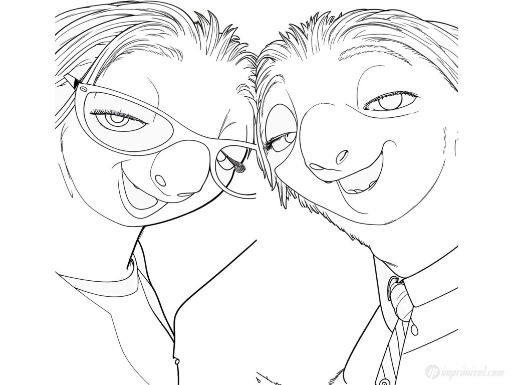 Flash et Priscilla paresseux de Zootopie dessin à colorier scène du bureau des véhicules pour enfants à imprimer