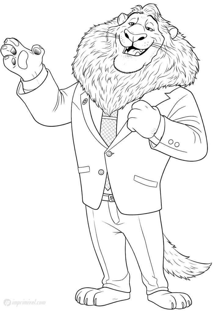 Lionheart Zootopia coloring page printable lion mayor drawing for kids to color