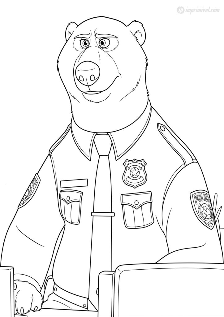 bear coloring page Major Friedkin Zootopia police bear drawing printable