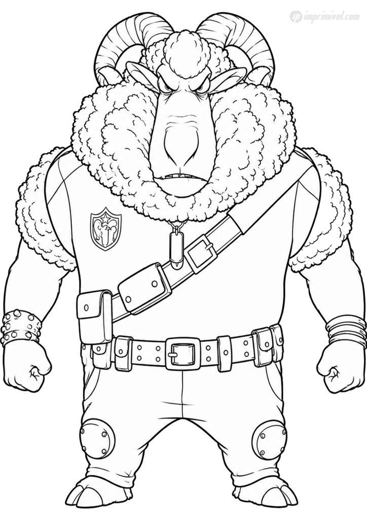 Sheep Thug Zootopia sheep coloring page with biker outfit and giant curled horns