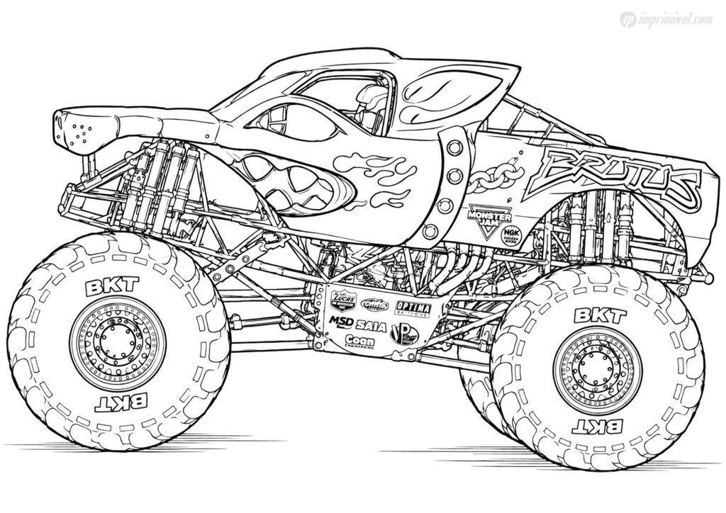 Brutus Monster Jam coloring page with giant tires ready to print