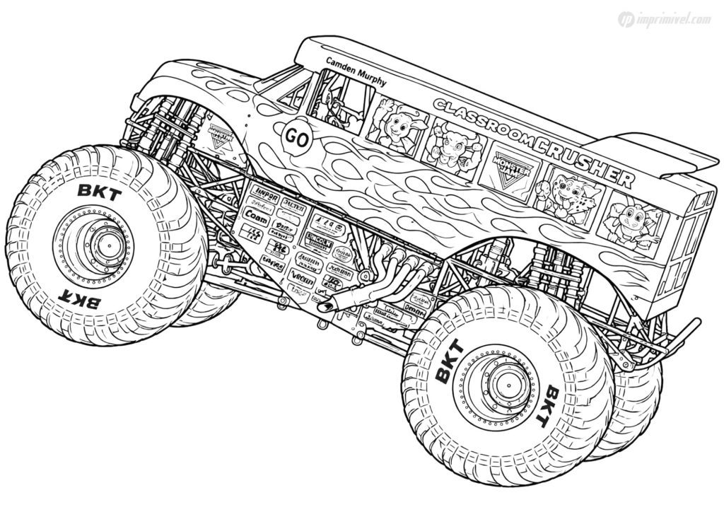 Classroom Crusher Monster Jam school bus coloring page with giant tires ready to print