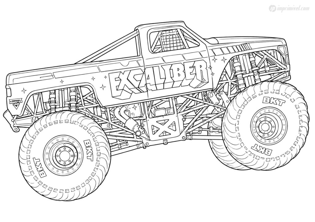 Excaliber Monster Jam coloring page with giant tires and classic Chevrolet monster truck body