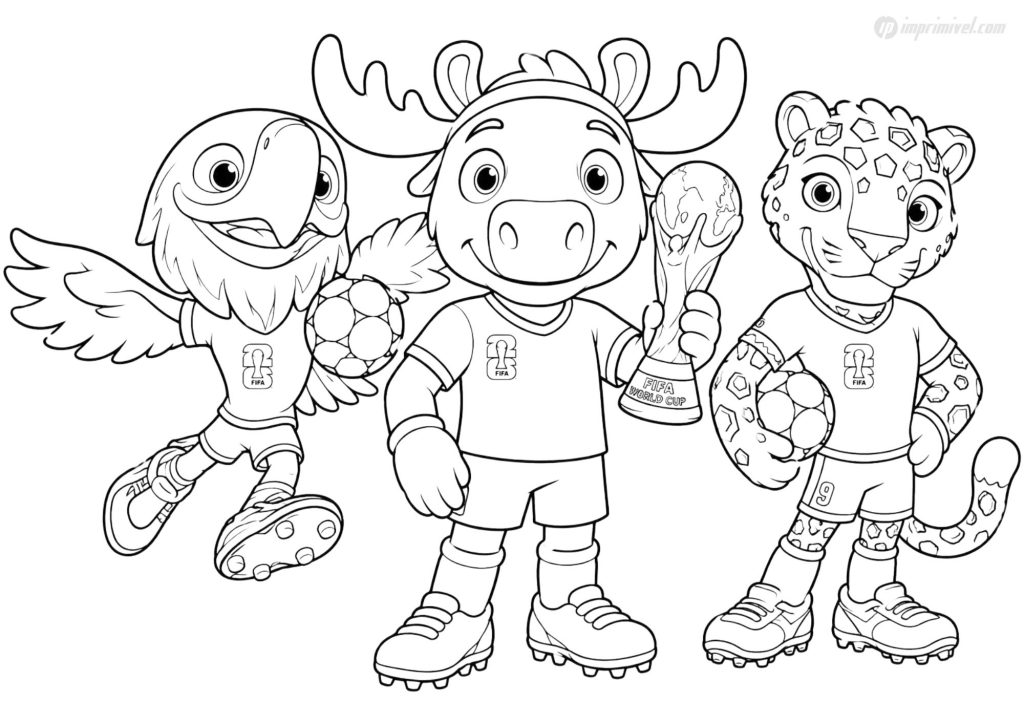 Maple, Clutch and Zayu World Cup 2026 Mascots Coloring Page