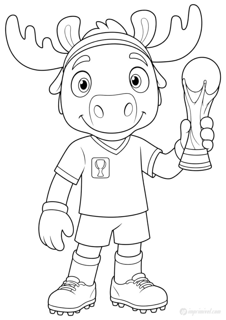 Maple mascot coloring page from the 2026 FIFA World Cup featuring the friendly soccer goalkeeper moose ready for kids to color