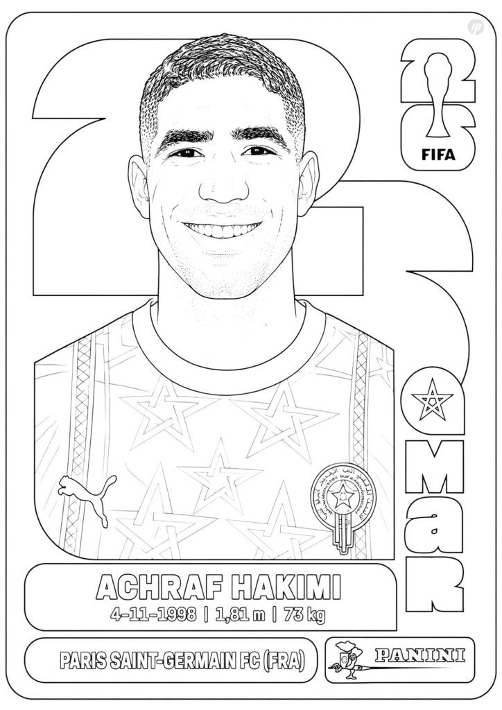Achraf Hakimi World Cup 2026 sticker coloring page to print and color