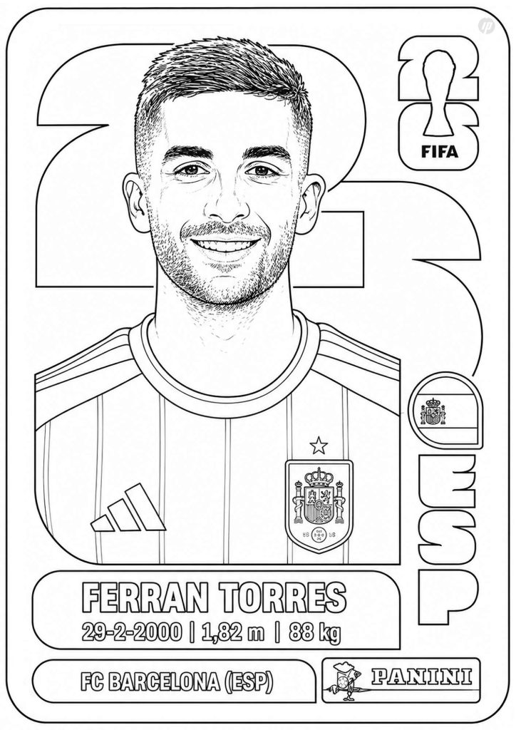 Ferran Torres sticker coloring page celebrating Spain’s 2026 World Cup title
