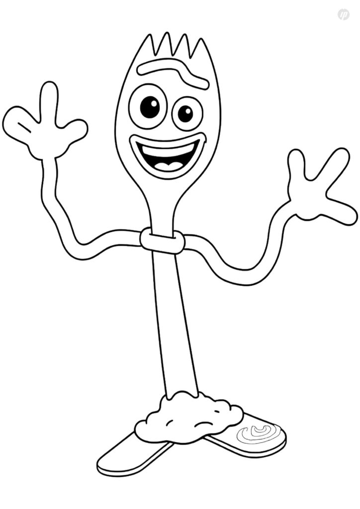 lack-and-white coloring page of Forky from Toy Story, featuring his spork body, mismatched eyes, pipe-cleaner arms, and handmade feet