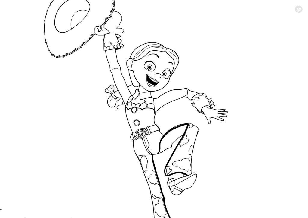 Jessie from Toy Story 5 in a printable coloring page featuring her cowgirl hat, braid, and western outfit