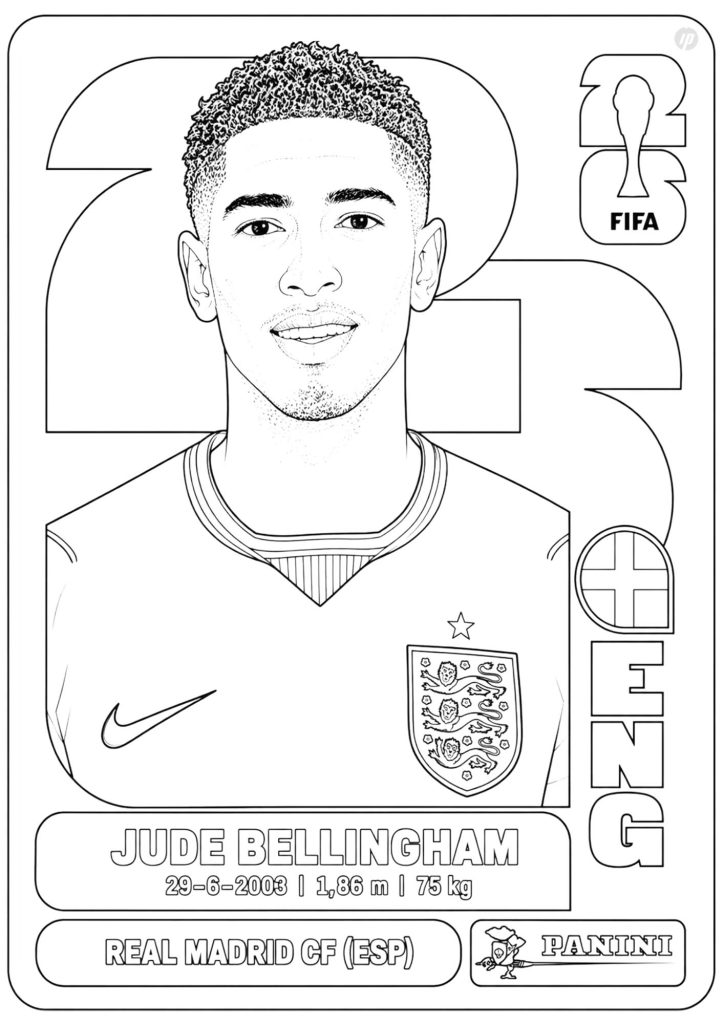 Jude Bellingham World Cup 2026 sticker to color and print