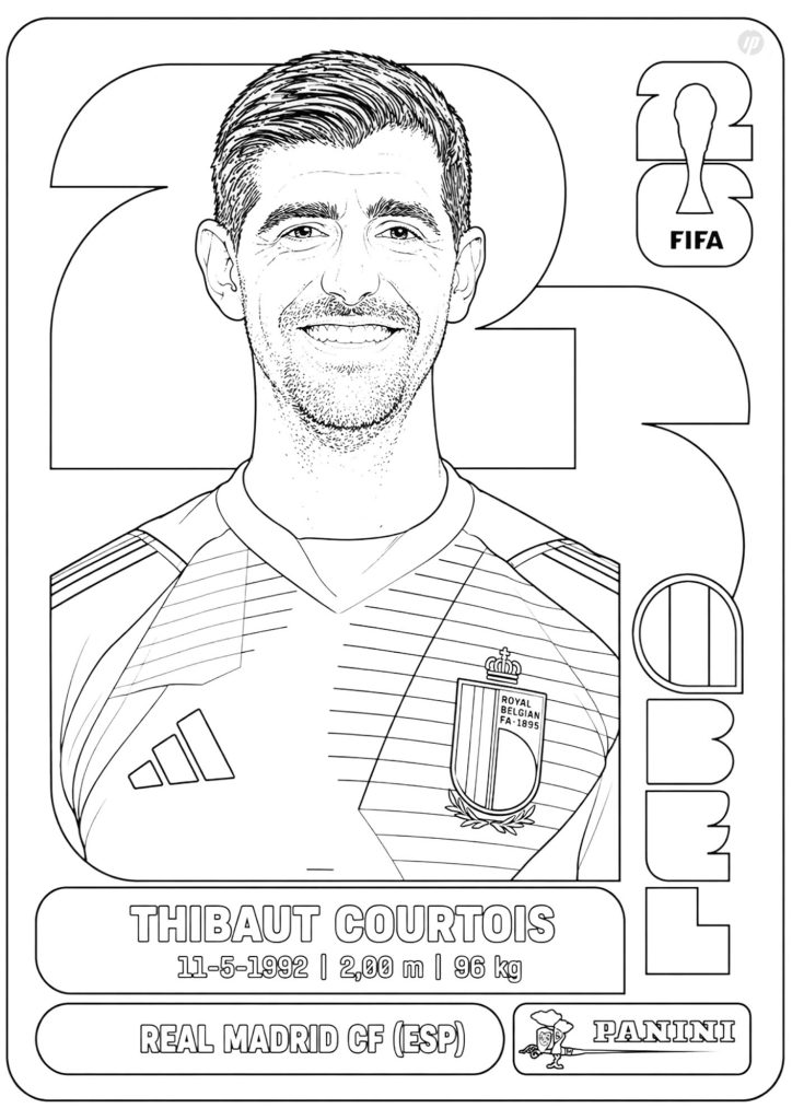 Thibaut Courtois goalkeeper coloring page to print for World Cup 2026