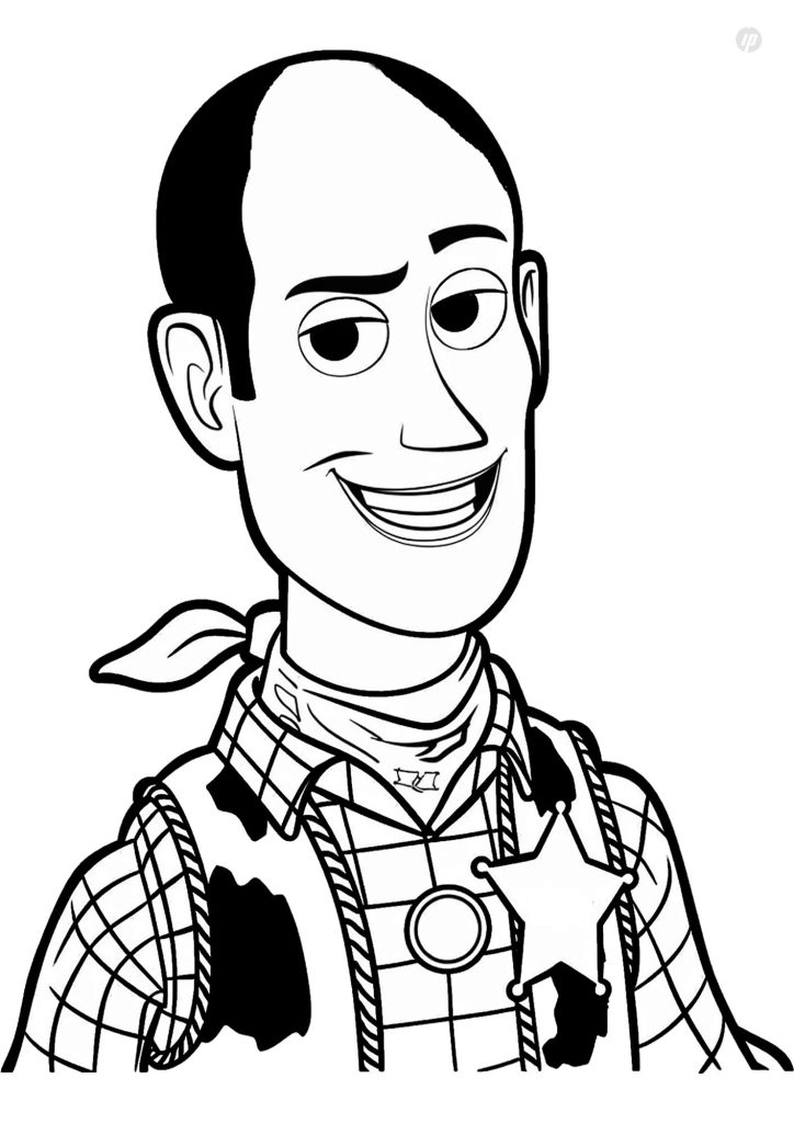Woody wearing his cowboy hat, plaid shirt, cow-print vest, and sheriff badge in a printable coloring page.